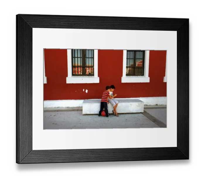 Framed Print : Two small boys look in the Placa des Esplanada, Es Castell Framed Print : Two small boys look in the Placa des Esplanada, Es Castell