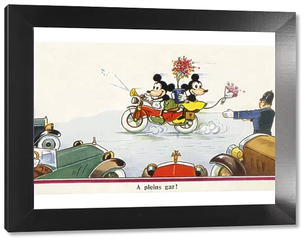At Full Throttle - two cartoon mice on their motorbike