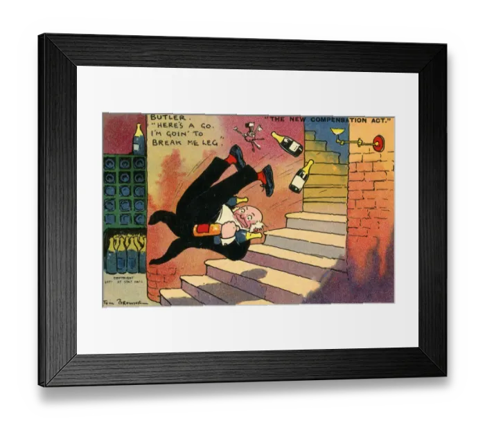 Framed Print : The New Compensation Act - 1906 - Butler takes a tumble Framed Print : The New Compensation Act - 1906 - Butler takes a tumble