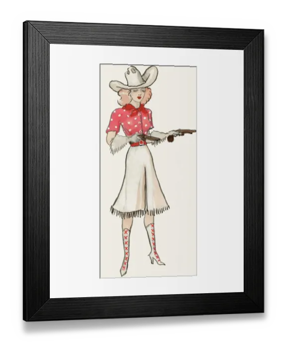 Framed Print : Cowgirl with Pistols - Murrays Cabaret Club costume desig Framed Print : Cowgirl with Pistols - Murrays Cabaret Club costume desig