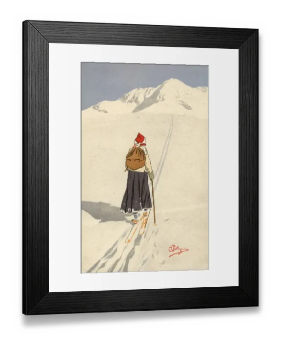 Framed Print : Skier with backpack following tracks - Switzerland - 1900s Framed Print : Skier with backpack following tracks - Switzerland - 1900s
