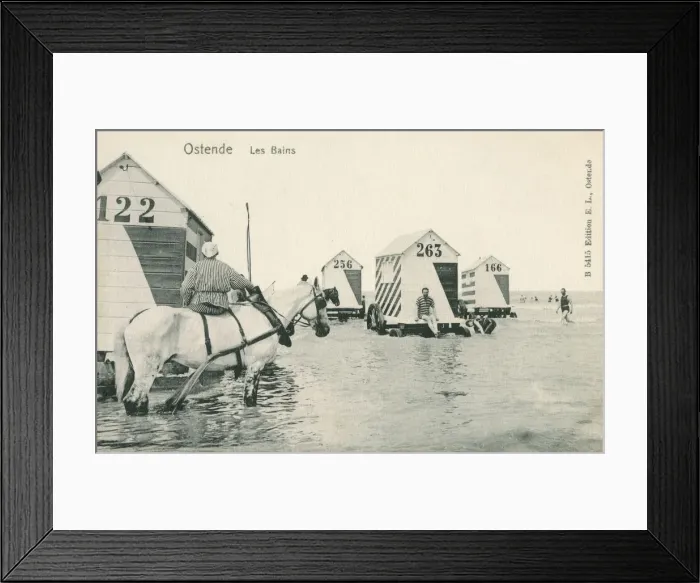 Framed Print : A beach scene from Ostend, Belgium - Bathing huts on wheels Framed Print : A beach scene from Ostend, Belgium - Bathing huts on wheels