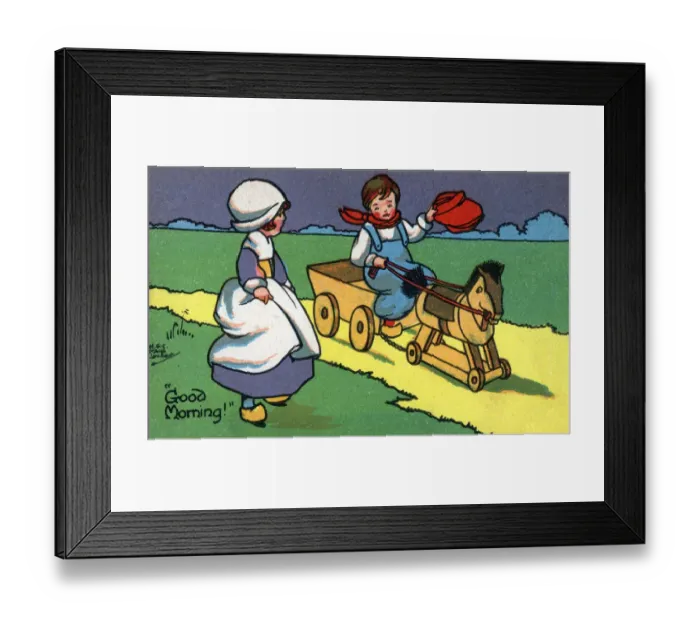 Framed Print : Good Morning! A Young Dutch Boy greets his girl and suggests a ride in his hobby horse-drawn cart Framed Print : Good Morning! A Young Dutch Boy greets his girl and suggests a ride in his hobby horse-drawn cart