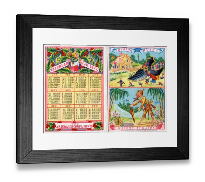 Framed Print : Calendar for 1877, Theatre Royal and Queens Theatre, London Framed Print : Calendar for 1877, Theatre Royal and Queens Theatre, London