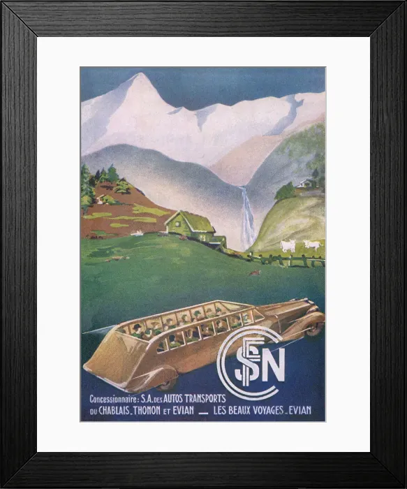 Framed Print : Charabanc tours of the Alps, from Evians-les-Bains, Savoie. Date: 1938 Framed Print : Charabanc tours of the Alps, from Evians-les-Bains, Savoie. Date: 1938