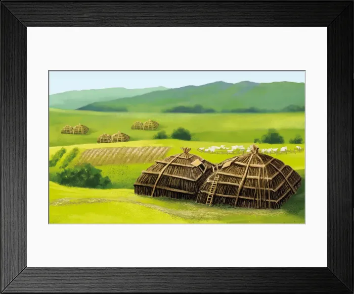 Framed Print : Prehistoric Kazakh farm scene, early agriculture Framed Print : Prehistoric Kazakh farm scene, early agriculture