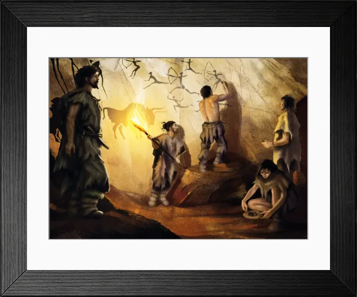 Framed Print : Ancient artist at work in a cave, Kazakhstan area Framed Print : Ancient artist at work in a cave, Kazakhstan area
