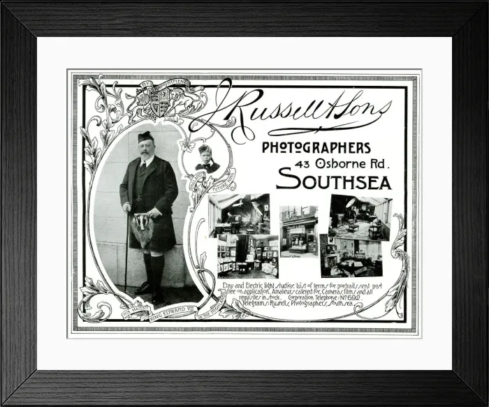 Framed Print : King Edward VII advert - J. Russell, Photographer, Southsea Framed Print : King Edward VII advert - J. Russell, Photographer, Southsea