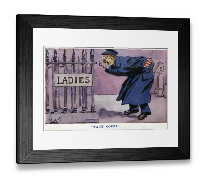 Framed Print : Comic Postcard - WW1 Home Front - Air Raid Alert - Take Cover - an eager volunteer Framed Print : Comic Postcard - WW1 Home Front - Air Raid Alert - Take Cover - an eager volunteer