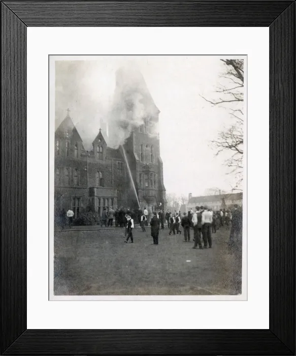Framed Print : A devastating fire at a British Public School for Boys, which appears to have gutted Framed Print : A devastating fire at a British Public School for Boys, which appears to have gutted