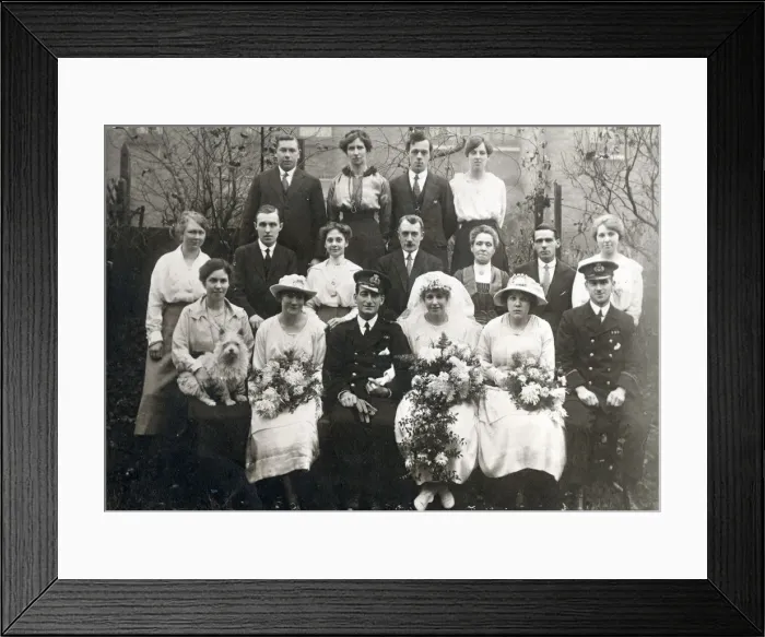 Framed Print : A post WW1 group weddig photograph, taken in a suburban back garden. Date: 1919 Framed Print : A post WW1 group weddig photograph, taken in a suburban back garden. Date: 1919