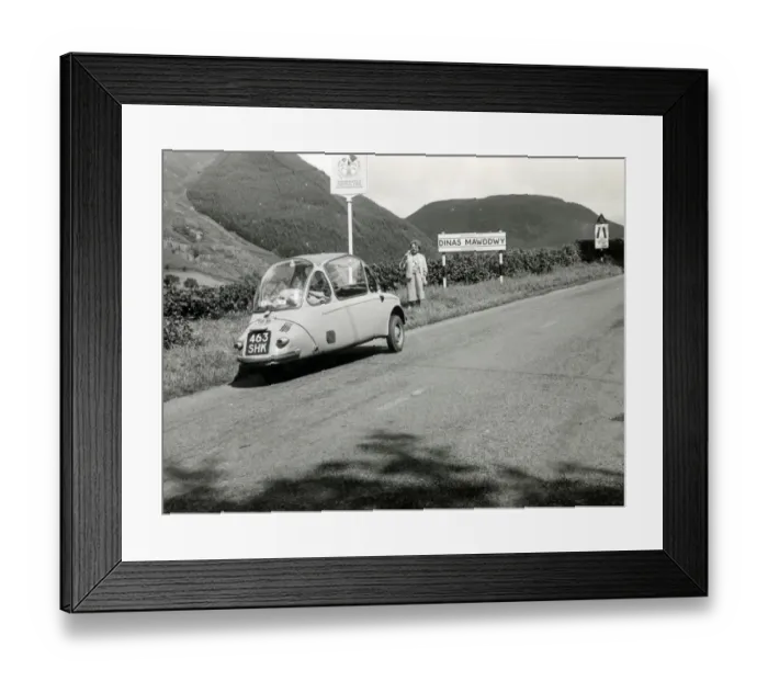 Framed Print : Visiting Dinas Mawddwy, Snowdonia National Park, Wales in a superb Heinkel Trojan 200 Framed Print : Visiting Dinas Mawddwy, Snowdonia National Park, Wales in a superb Heinkel Trojan 200