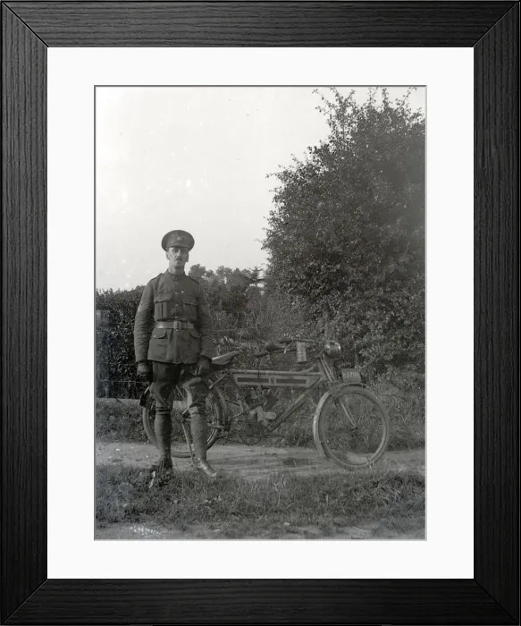Framed Print : British Army Staff Sergeant, posing with his Royal Enfield motorcycle Framed Print : British Army Staff Sergeant, posing with his Royal Enfield motorcycle