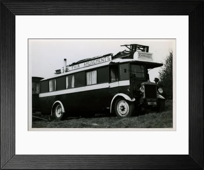 Framed Print : Associated Daimler Fun Fair Vintage Bus and Caravan Framed Print : Associated Daimler Fun Fair Vintage Bus and Caravan
