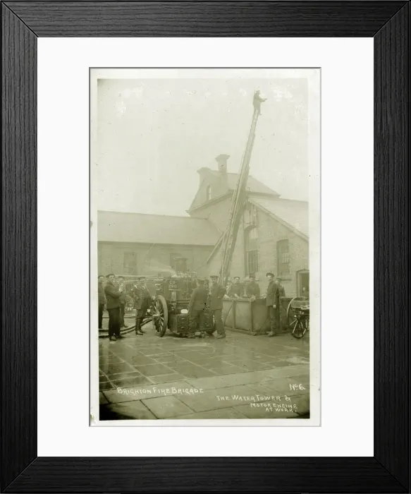 Framed Print : Fire Brigade at Work with Water Tower and Motor Engine Framed Print : Fire Brigade at Work with Water Tower and Motor Engine