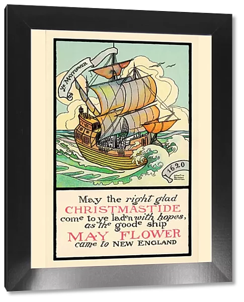 Christmas postcard image of The Mayflower under full sail crossing the Atlantic in 1620