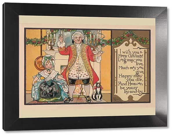 Christmas postcard depicting a happy 18th century man with his daughter
