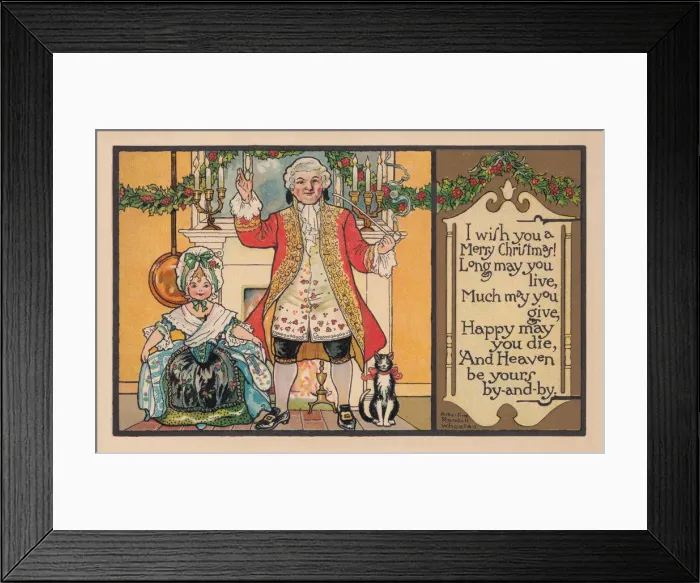 Framed Print : Christmas postcard depicting a happy 18th century man with his daughter Framed Print : Christmas postcard depicting a happy 18th century man with his daughter