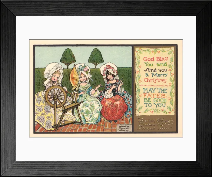 Framed Print : Christmas postcard depicting 3 happy 18th century ladies at a spinning Framed Print : Christmas postcard depicting 3 happy 18th century ladies at a spinning