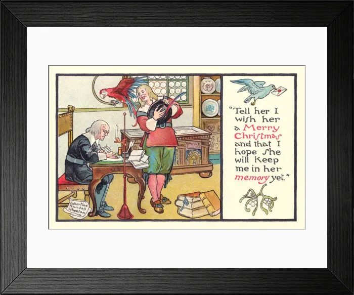 Framed Print : Christmas postcard depicting a happy Puritan dictating to his secretary Framed Print : Christmas postcard depicting a happy Puritan dictating to his secretary