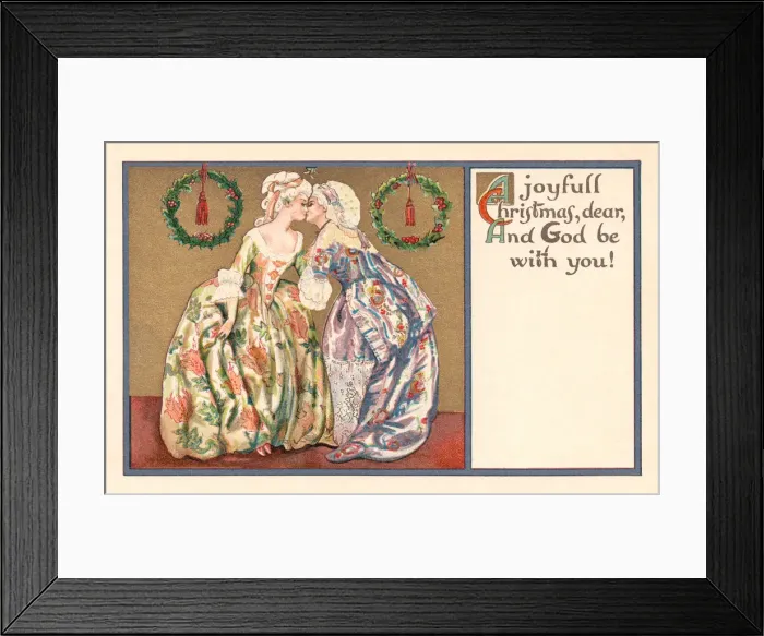 Framed Print : Christmas postcard depicting 2 18th century ladies kissing Framed Print : Christmas postcard depicting 2 18th century ladies kissing