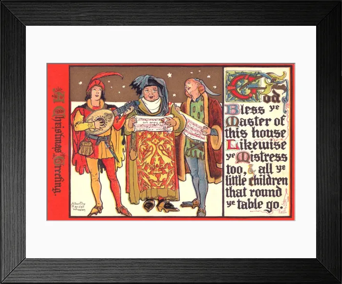 Framed Print : Christmas postcard depicting 3 happy medaeval minstrels Framed Print : Christmas postcard depicting 3 happy medaeval minstrels