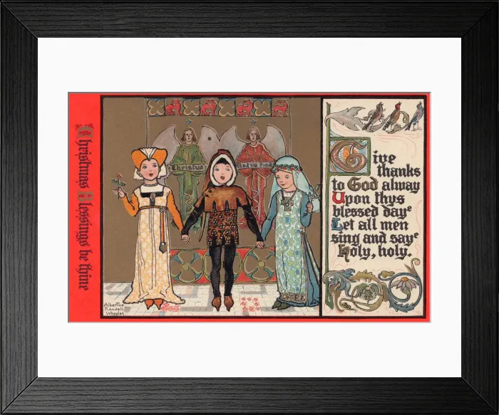 Framed Print : Christmas postcard depicting 3 joyful medaeval children singing Christmas carols Framed Print : Christmas postcard depicting 3 joyful medaeval children singing Christmas carols