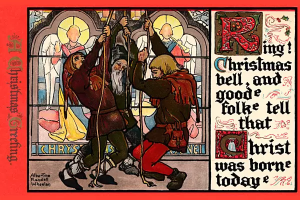 Christmas postcard depicting 3 medaeval bell ringers heralding Christmas