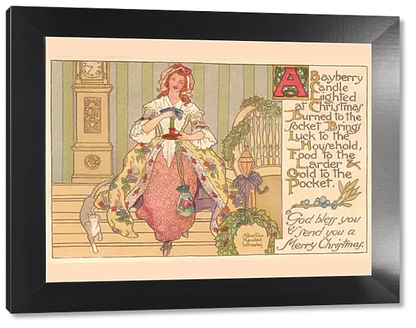 Christmas postcard depicting an 18th century lady with her Bayberry candle