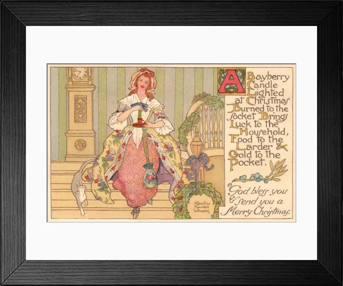 Framed Print : Christmas postcard depicting an 18th century lady with her Bayberry candle Framed Print : Christmas postcard depicting an 18th century lady with her Bayberry candle