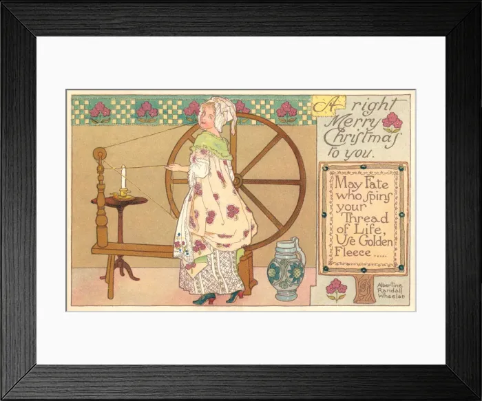 Framed Print : Christmas postcard depicting an 18th century girl at a spinning wheel Framed Print : Christmas postcard depicting an 18th century girl at a spinning wheel