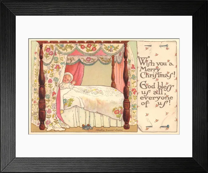 Framed Print : Christmas postcard depicting a young child waving from a four-poster bed Framed Print : Christmas postcard depicting a young child waving from a four-poster bed