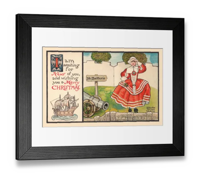 Framed Print : Christmas postcard depicting a young girl in 18th century costume awaiting Framed Print : Christmas postcard depicting a young girl in 18th century costume awaiting