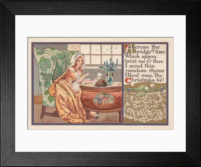 Framed Print : Christmas postcard depicting an 18th century girl writing to her love Framed Print : Christmas postcard depicting an 18th century girl writing to her love