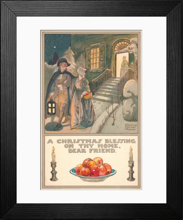 Framed Print : Christmas postcard depicting a happy 18th century couple leaving the house of a friend Framed Print : Christmas postcard depicting a happy 18th century couple leaving the house of a friend