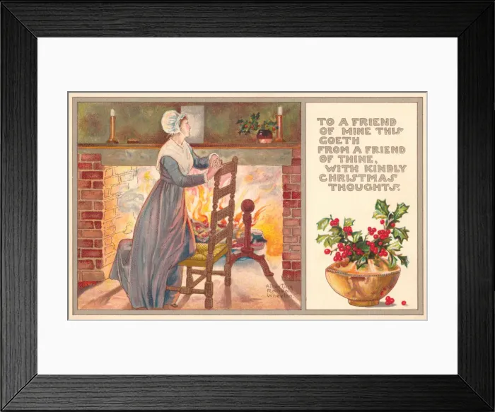 Framed Print : Christmas postcard depicting a 18th century lady thinking of a friend while Framed Print : Christmas postcard depicting a 18th century lady thinking of a friend while
