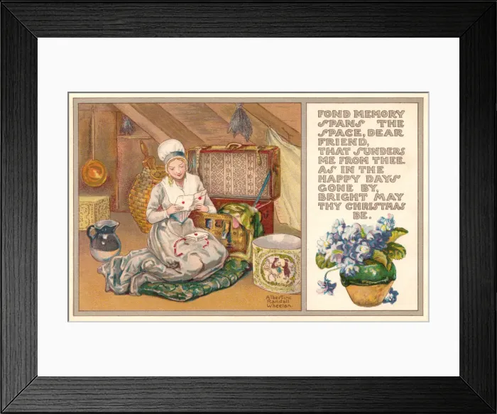 Framed Print : Christmas postcard depicting a lady in her attic re-reading old correspondence Framed Print : Christmas postcard depicting a lady in her attic re-reading old correspondence