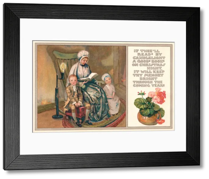 Framed Print : Christmas postcard depicting a mother reading to her children Framed Print : Christmas postcard depicting a mother reading to her children