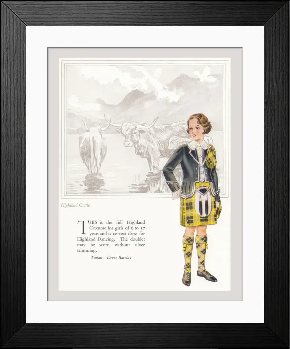 Framed Print : Tartan Barclay, standing in front of highland cattle. Artist: Anon. Date: circa 1930 Framed Print : Tartan Barclay, standing in front of highland cattle. Artist: Anon. Date: circa 1930