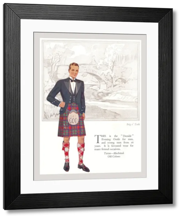Framed Print : Tartan MacIntosh, standing in front of Brig o Turk. Artist: Anon. Date: circa 1930 Framed Print : Tartan MacIntosh, standing in front of Brig o Turk. Artist: Anon. Date: circa 1930