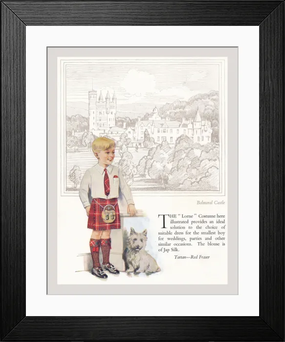 Framed Print : Tartan Red Fraser, standing in front of Balmoral Castle. Artist: Anon. Date: circa 1930 Framed Print : Tartan Red Fraser, standing in front of Balmoral Castle. Artist: Anon. Date: circa 1930