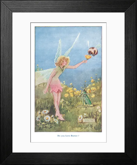 Framed Print : Fairyland. The fairy offering her friend the bumble bee some goodness from a buttercup Framed Print : Fairyland. The fairy offering her friend the bumble bee some goodness from a buttercup