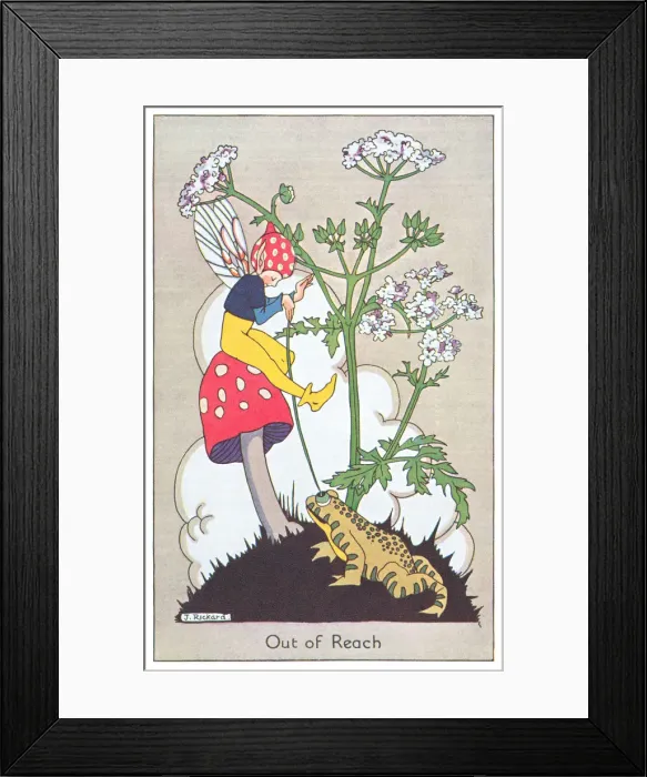 Framed Print : Fairyland. A fairy on a toadstool, out of reach of a marauding toad Framed Print : Fairyland. A fairy on a toadstool, out of reach of a marauding toad