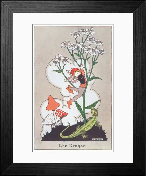 Framed Print : Fairyland. A fairy jumping out of the way of a fearsome lizard Framed Print : Fairyland. A fairy jumping out of the way of a fearsome lizard