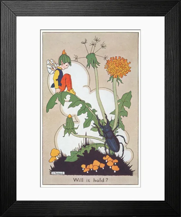 Framed Print : Fairyland. A fairy seated precariously upon a leaf to avoid a large beetle Framed Print : Fairyland. A fairy seated precariously upon a leaf to avoid a large beetle