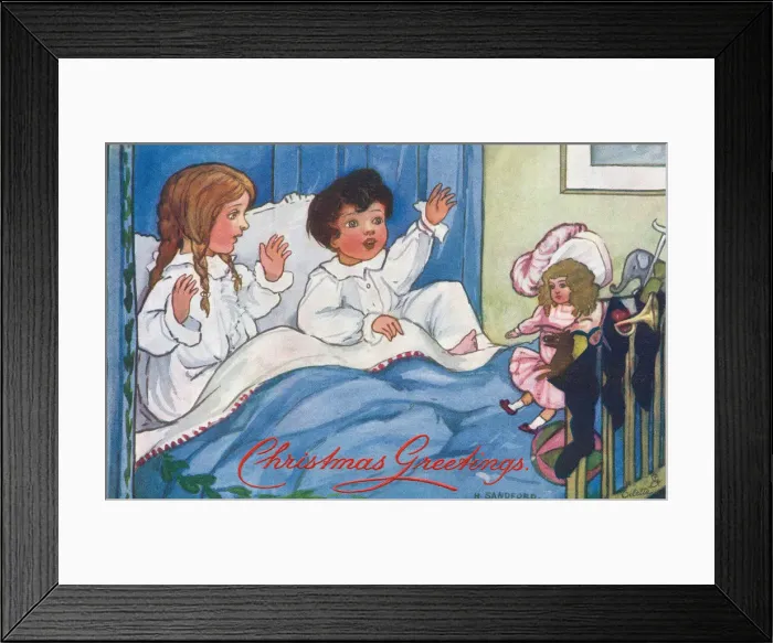 Framed Print : Christmas. Children wake on Christmas morning to see their stockings filled with presents Framed Print : Christmas. Children wake on Christmas morning to see their stockings filled with presents