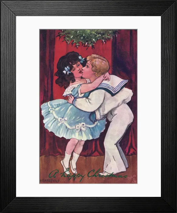 Framed Print : Christmas. Young boy and girl kissing under the mistletoe Framed Print : Christmas. Young boy and girl kissing under the mistletoe