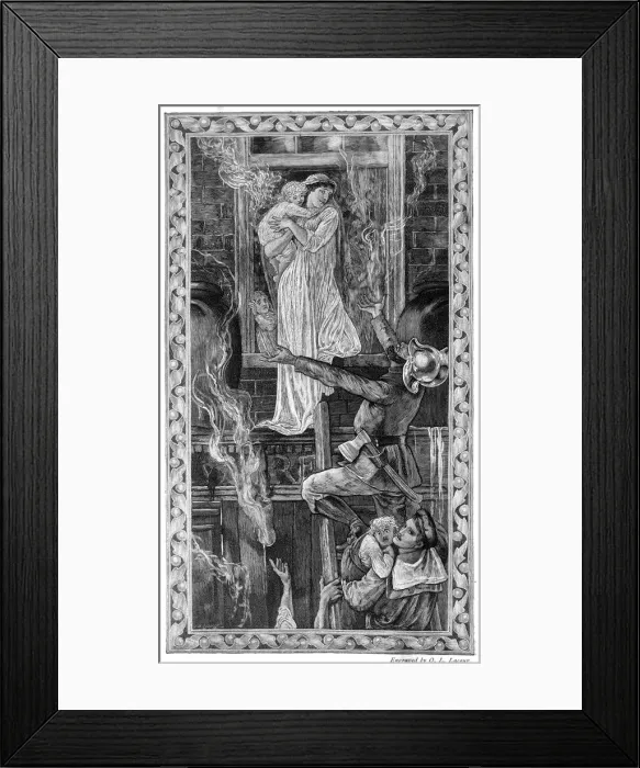 Framed Print : Fireman climbing a ladder at a fire Framed Print : Fireman climbing a ladder at a fire