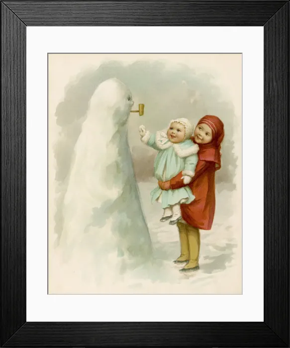 Framed Print : Sister holding up baby to see their snowman Framed Print : Sister holding up baby to see their snowman