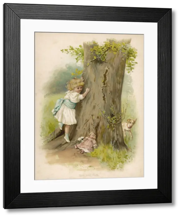 Framed Print : Little girl playing hide and seek with doll and dog Framed Print : Little girl playing hide and seek with doll and dog